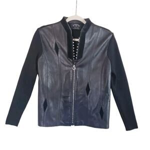 Genuine Leather Ying Ying of Nevada Black Rhinestone Zip Sweater Jacket Sz Small
